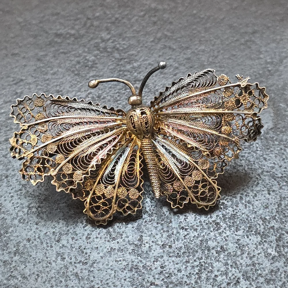 Vintage Italian 800 Silver Filigree Butterfly Brooch with a gold wash (vermeil)